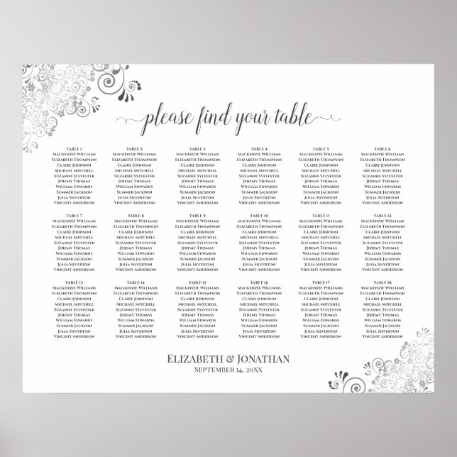 18 Table White Wedding Seating Chart Silver Frills (Front)