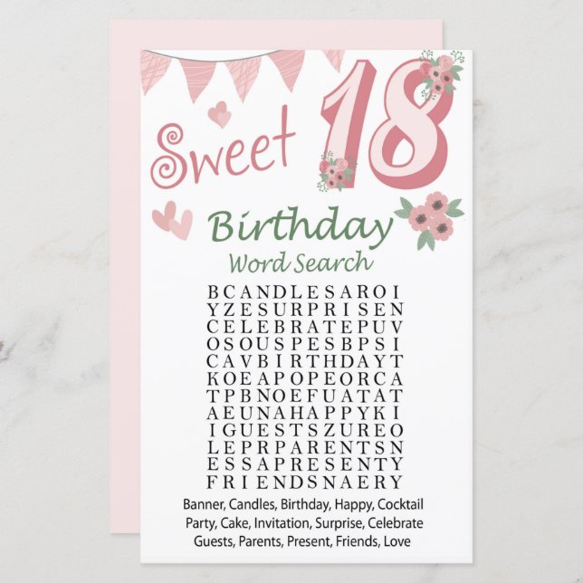 18 th Birthday Word Search Game (Front/Back)