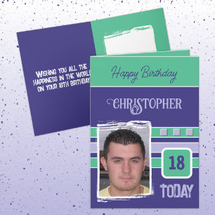 18 today add photo for him purple green birthday card