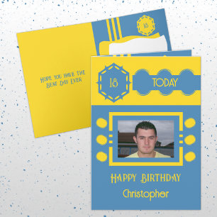 18 today add photo name yellow blue birthday card