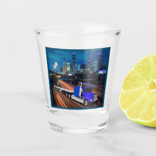 18 Wheeler Truck On Highway with Houston Skyline Shot Glass
