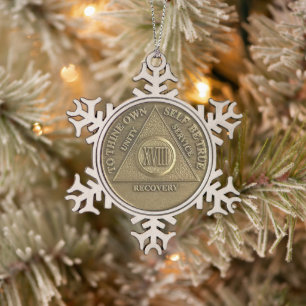 18 Year Sober Anniversary Medallion Snowflake Pewter Christmas Ornament