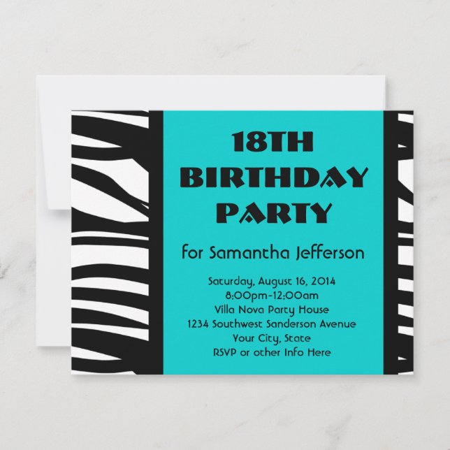 18th Aqua Zebra Invitations (Front)