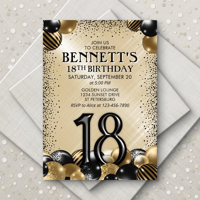 18th Balloons Black Gold Birthday Invitation (Creator Uploaded)