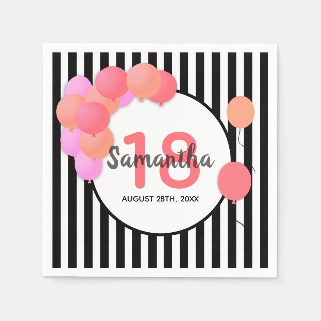 18th birthday balloon arch white black stripes napkin (Front)