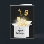 18th Birthday Balloons In White Box Card<br><div class="desc">Gold balloons and sparkling light beams glow in a white box on black background for 18th birthday
Happy Birthday text on the white box can be changed.</div>