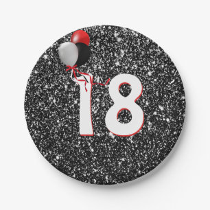 18th Birthday Balloons on Black Glitter Paper Plate