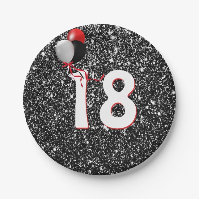 18th Birthday Balloons on Black Glitter  Paper Plate (Front)