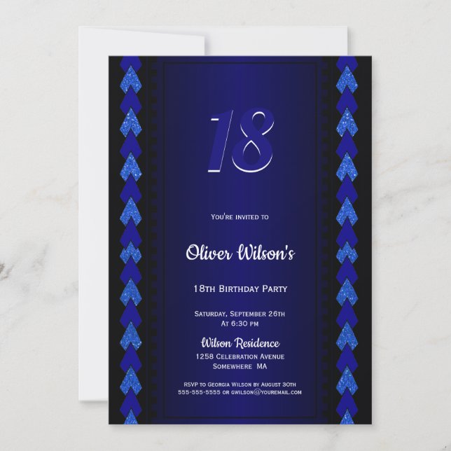 18th Birthday Black and Blue Party Invitation (Front)