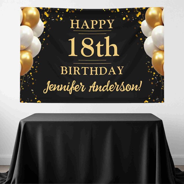 18th Birthday Black and Gold Celebration Banner (Creator Uploaded)