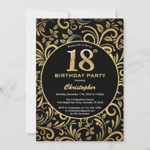 18th Birthday Black and Gold Floral Pattern Invitation