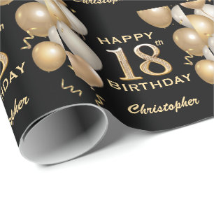 18th Birthday Black and Gold Glitter Balloons Wrapping Paper
