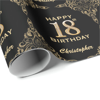 18th Birthday Black and Gold Glitter Frame Wrapping Paper