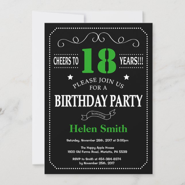 18th Birthday Black and Green Chalkboard Invitation (Front)