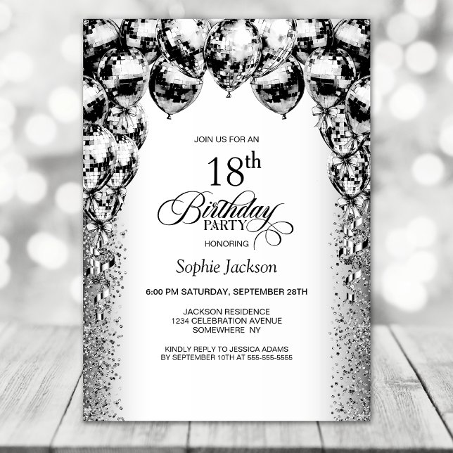18th Birthday Black and White Balloons Party Invitation (Creator Uploaded)