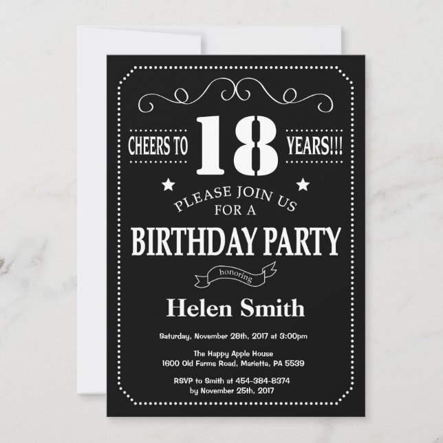 18th Birthday Black and White Chalkboard Invitation (Front)