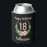 18th birthday black floral can cooler<br><div class="desc">18th birthday black floral can cooler with a rose gold glitter 18. Personalise name,  age and text.</div>