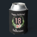 18th birthday black floral can cooler<br><div class="desc">18th birthday black floral can cooler with a rose gold glitter 18. Personalise name,  age and text.</div>