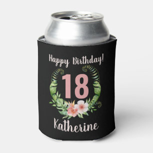 18th birthday black floral can cooler