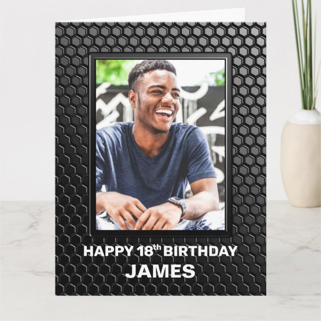 18th Birthday Black Geometric Pattern Custom Photo Card (Front)
