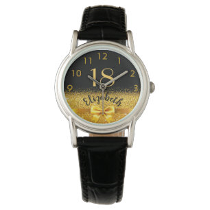 18th birthday black gold elegant bow name watch
