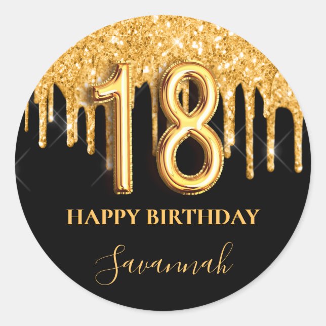 18th birthday black gold glitter balloon party classic round sticker (Front)