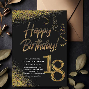 18th Birthday Black & Gold Glitter Modern Invitation