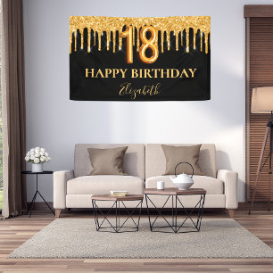18th birthday black gold glitter sparkle glam banner