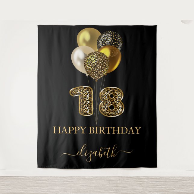 18th birthday black gold leopard name script tapestry (Front)