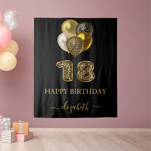 18th birthday black gold leopard name script tapestry