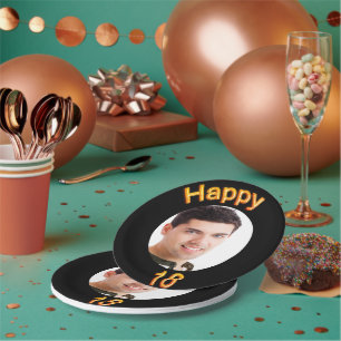 18th birthday black gold photo boy paper plate