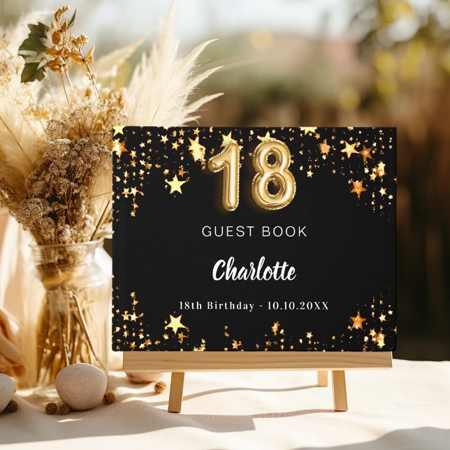 18th Birthday black gold stars Guest Book (Creator Uploaded)