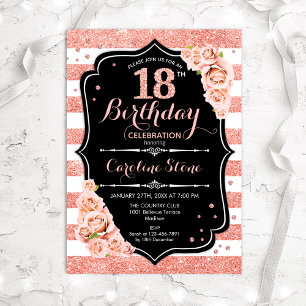 18th Birthday Black Rose Gold and White Stripes Invitation