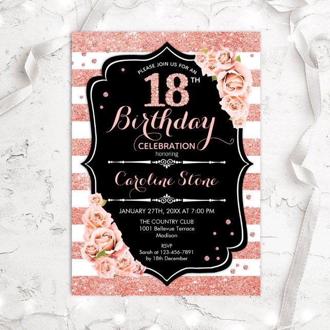 18th Birthday Black Rose Gold and White Stripes Invitation (Creator Uploaded)