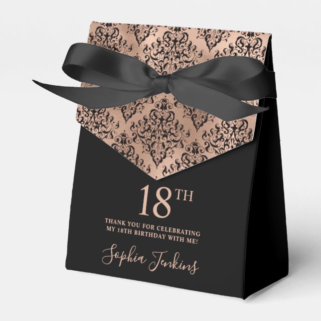 18th Birthday Black Rose Gold Damask Thank You Favour Box (Front Side)