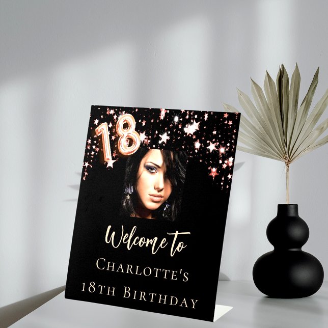18th Birthday black rose gold photo star welcome Pedestal Sign (Creator Uploaded)