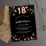 18th birthday black rose gold stars invitation postcard<br><div class="desc">A classic black background,  decorated with rose gold stars. Personalise and add a name and party details. Number 18 is written with a balloon style script.</div>