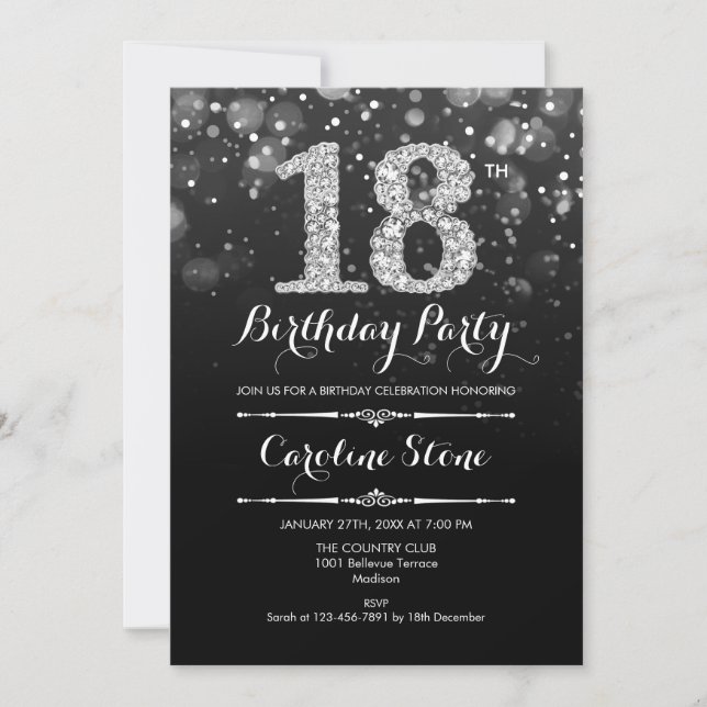 18th Birthday - Black Silver Invitation (Front)