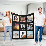 18th birthday black silver photo collage name fleece blanket<br><div class="desc">A unique gift for a girl's 18th birthday, celebrating her life with a collage of 8 of your own photos, pictures. Personalise and add her name and a date. A chic black background. The name is written with a modern hand lettered style script. Number 18 with faux silver balloon style...</div>