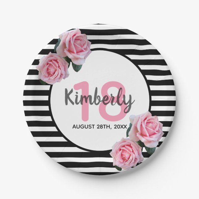 18th birthday black stripes pink florals paper plate (Front)