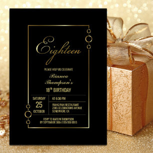 18th Birthday Black with Gold Frame Party Invitation