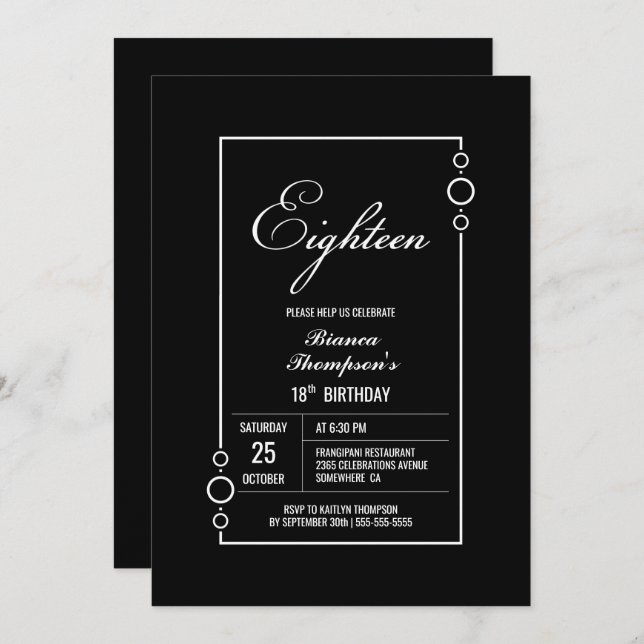 18th Birthday Black with White Frame Party Invitation (Front/Back)