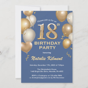 18th Birthday Blue and Gold Glitter Balloons Invitation
