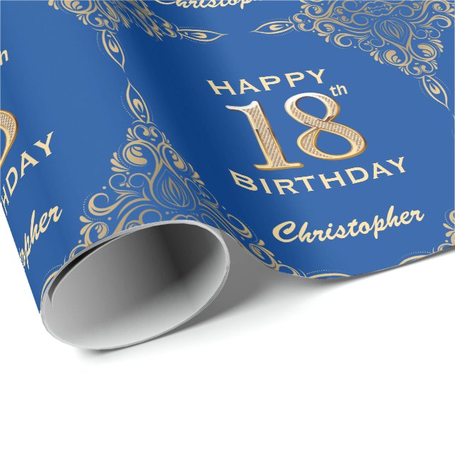 18th Birthday Blue and Gold Glitter Frame Wrapping Paper (Roll Corner)