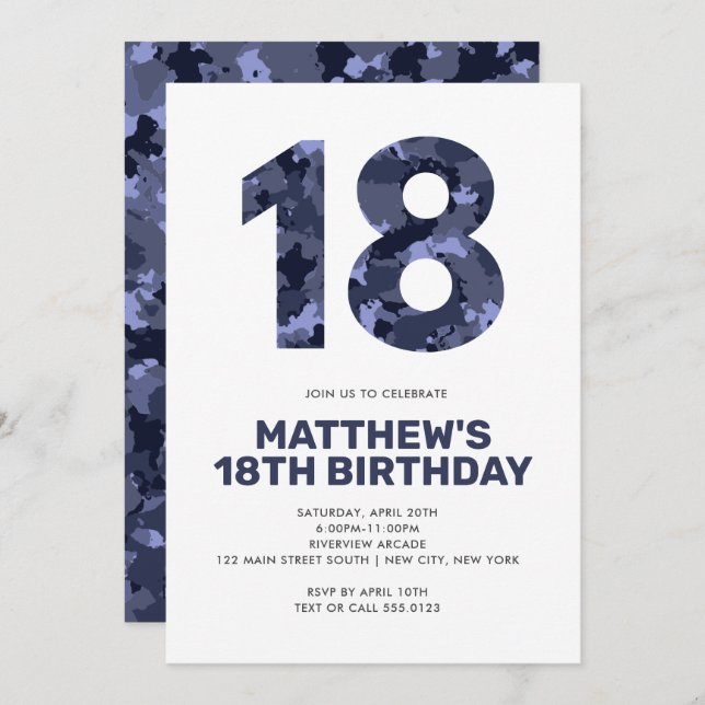 18TH Birthday, Blue Camo Personalised Teen Invitation (Front/Back)