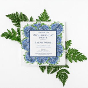 18th Birthday Blue Hydrangeas Watercolor Party Invitation