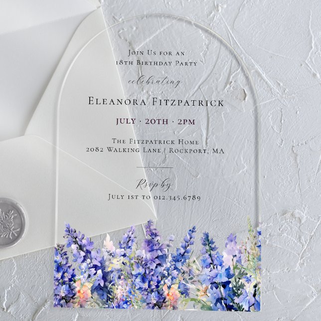 18th Birthday Blue Larkspur July Birth Flower Arch Acrylic Invitations (Creator Uploaded)