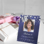 18th birthday blue silver stars photo welcome pedestal sign<br><div class="desc">A welcome sign for a 18th birthday party.  A navy blue background with elegant faux silver stars. The blue colour is uneven.  Personalise and add a photo,  name and text.  White letters.</div>