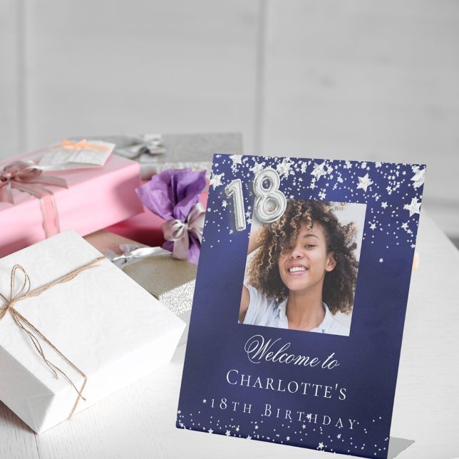 18th birthday blue silver stars photo welcome pedestal sign (Creator Uploaded)