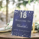 18th birthday blue silver stars welcome party pedestal sign<br><div class="desc">A welcome sign for a 18th birthday party.  A navy blue background with elegant faux silver stars. The blue colour is uneven.  Personalise and add a name and text.  White text.</div>